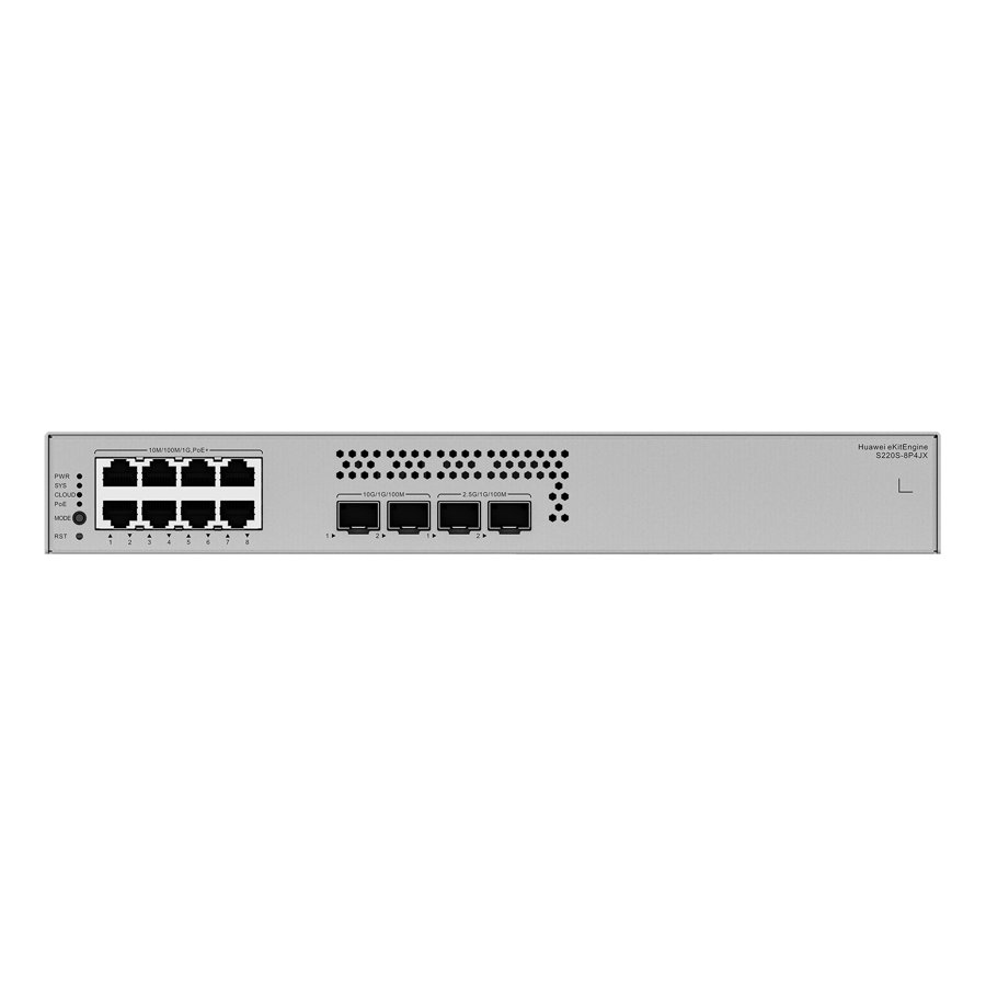 Huawei eKitEngine S220S-8P4JX Managed PoE+ Switch, 8 GE PoE+ + 2 10GE SFP+ + 2 2.5GE SFP, 128 W, Fanless