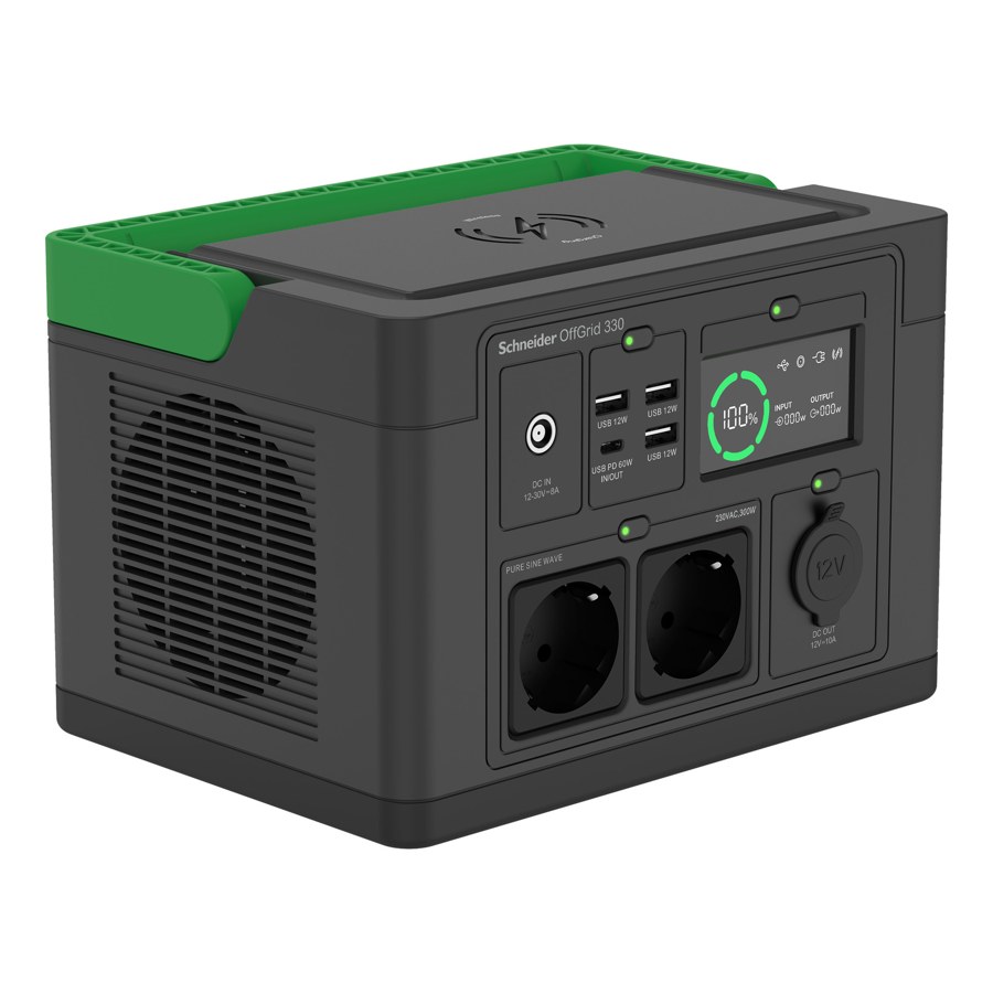 Schneider OffGrid Portable Power Station 330, 230V, 332Wh Lithium-ion, LCD, 2 CEE 7/3 Schuko outlets, Sinewave, 3 USB-A, 1 USB-C, Wireless Charger