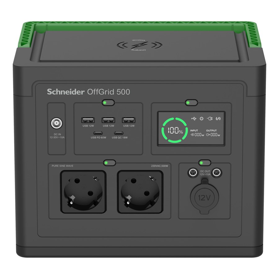 Schneider OffGrid Portable Power Station 500, 230V, 517Wh Lithium-ion, LCD, 2 CEE 7/3 Schuko outlets, Sinewave, 3 USB-A, 2 USB-C, Wireless Charger