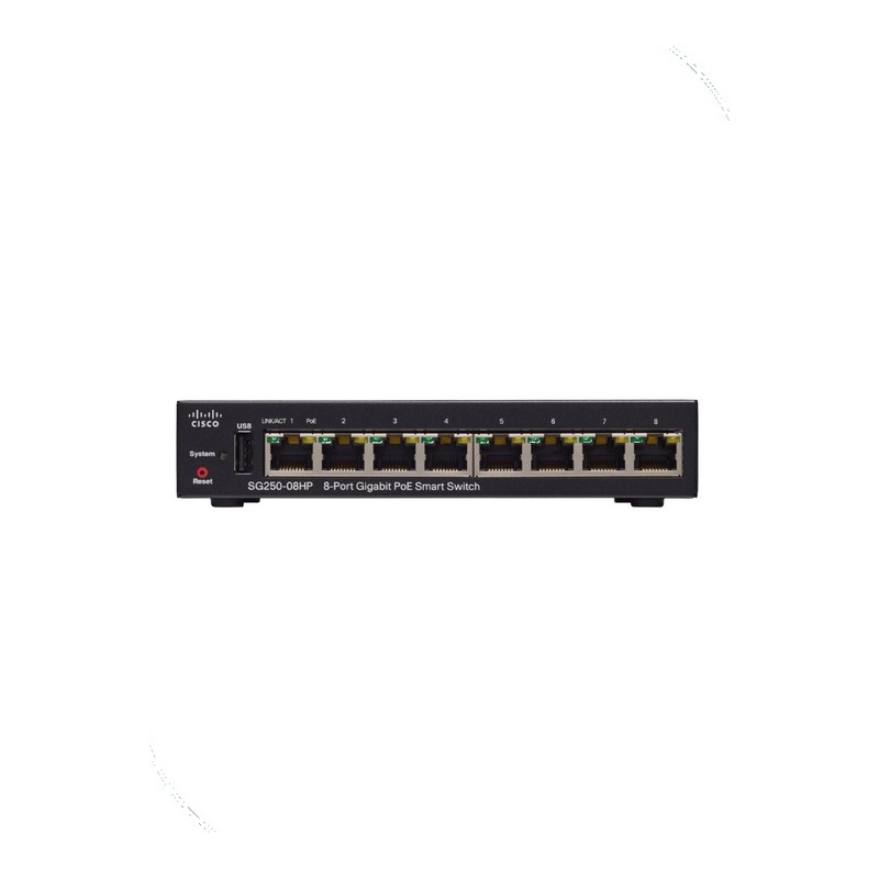 Cisco SG250-08HP-K9-EU 250 Series Smart Switch, 8 x 10/100/1000 PoE+ ports with 45W power budget, Desktop / wall-mountable
