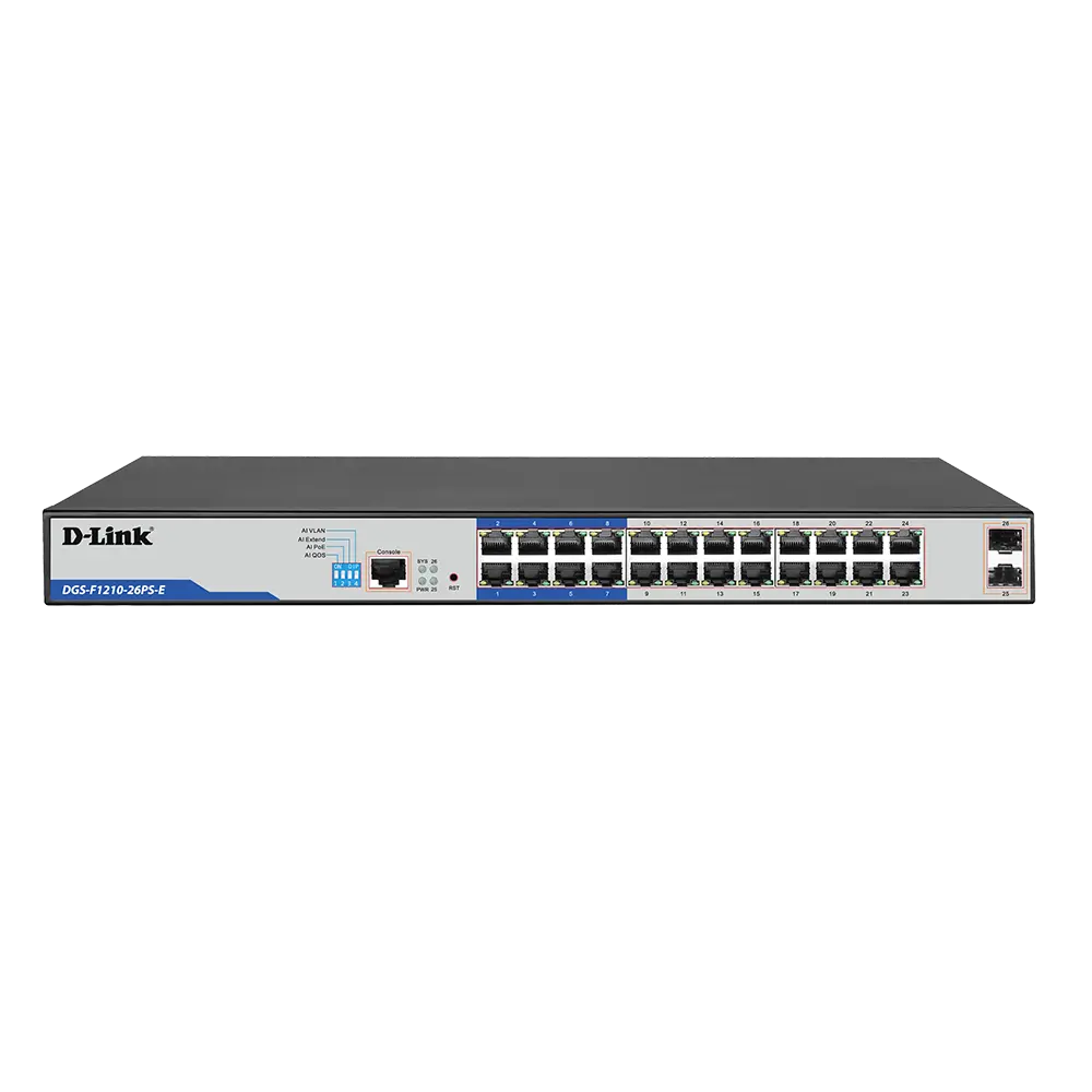 D-Link 26-Port Gigabit Smart Managed PoE+ Switch With 24 PoE+ Ports (8 Long Reach 250m) and 2 SFP Ports